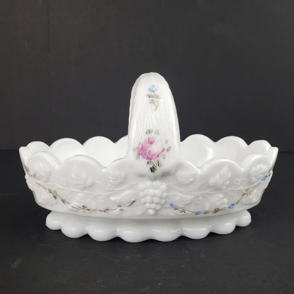 Westmoreland Milk Glass Basket Roses and Blue Vine Grapes Candy Dish Vintage - Picture 15 of 16